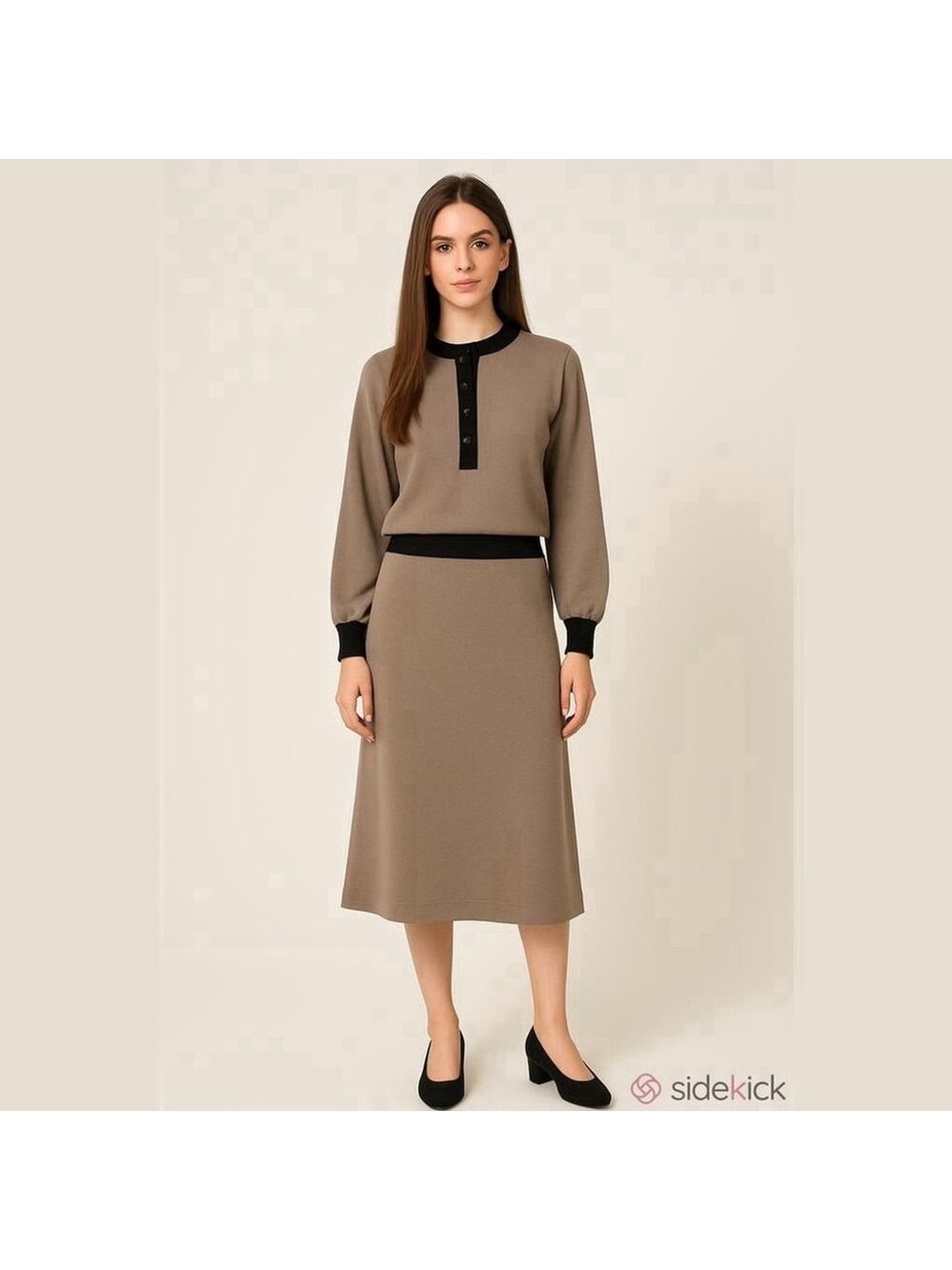 Eaton Vintage 100% Wool Medium Taupe Two Piece Set Skirt Long Sleeve Sweater